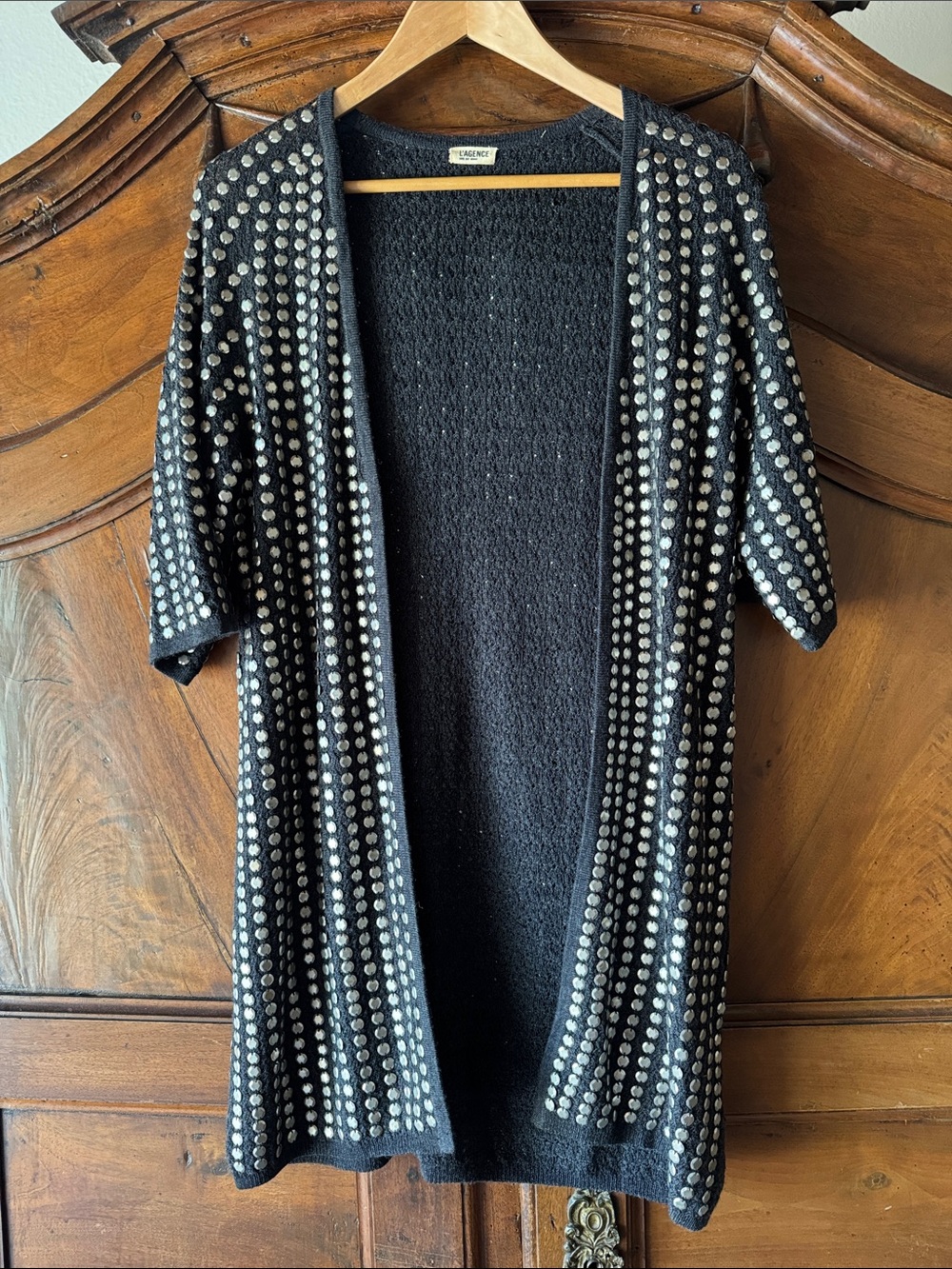 L'AGENCE Black Open-Front Cardigan with Silver Metal Dot Detailing